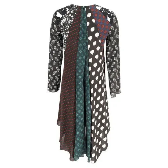 Lanvin Patchwork Long Sleeve Midi Dress in Multicolor Silk